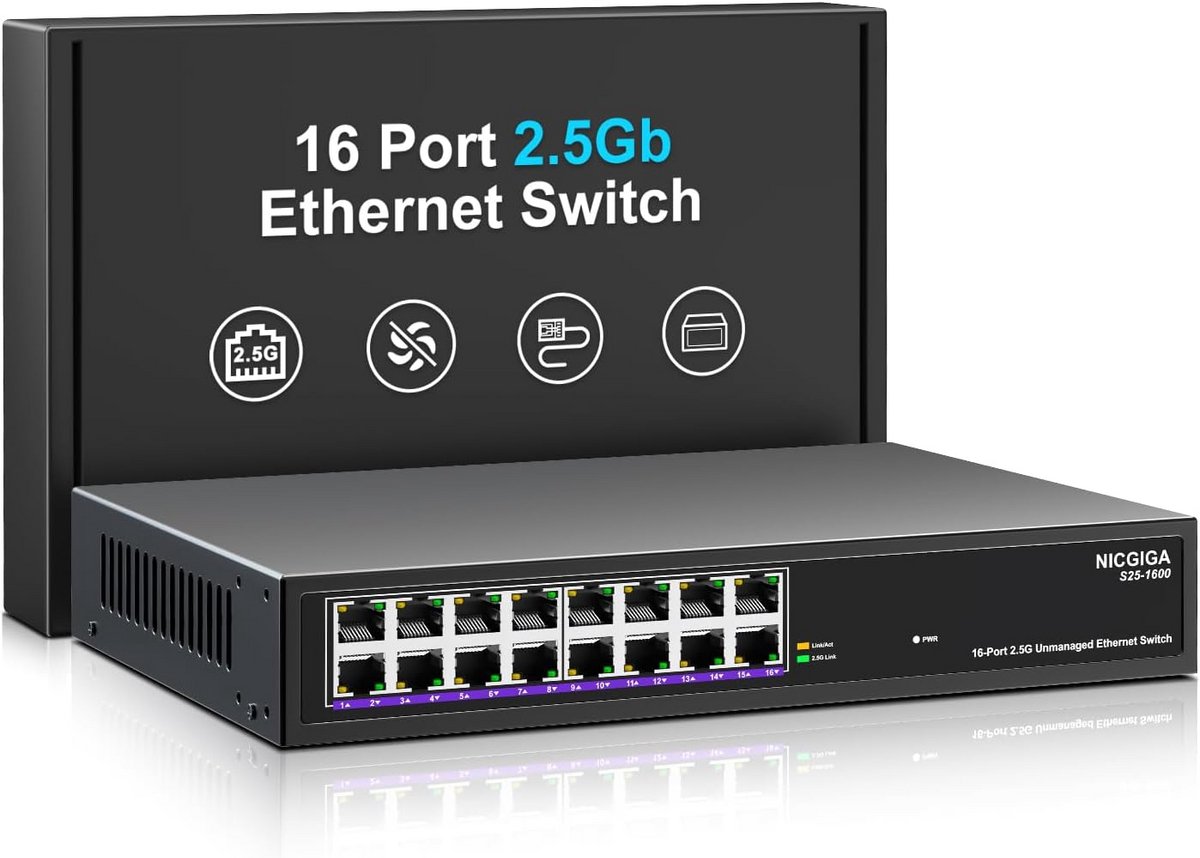 16-Poorts 2.5 Gbps Ethernet Switch - Onbeheerd & Plug & Play