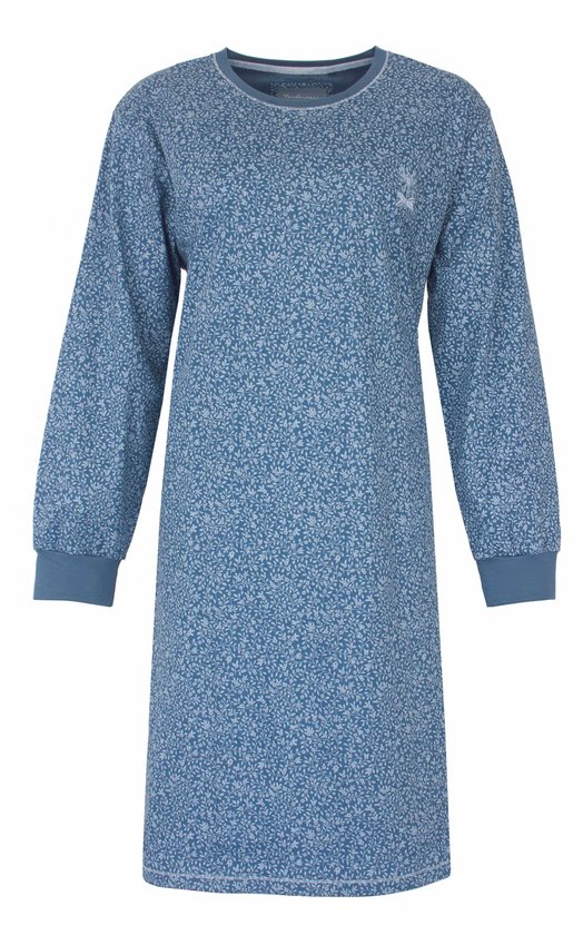 Blauw nachthemd met lange mouwen, ronde hals en bloemenpatroon.