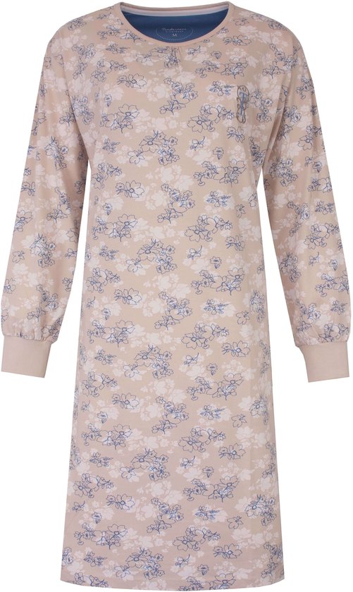 Beige nachthemd met lange mouwen, bedrukt met een blauw en wit bloemenpatroon. Blauw label met maat M.