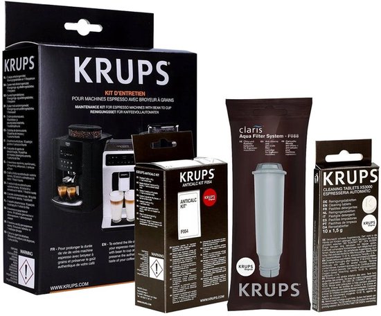 Krups onderhoudskit voor espressomachines met bonenreservoir, inclusief waterfilter en reinigingstabletten.