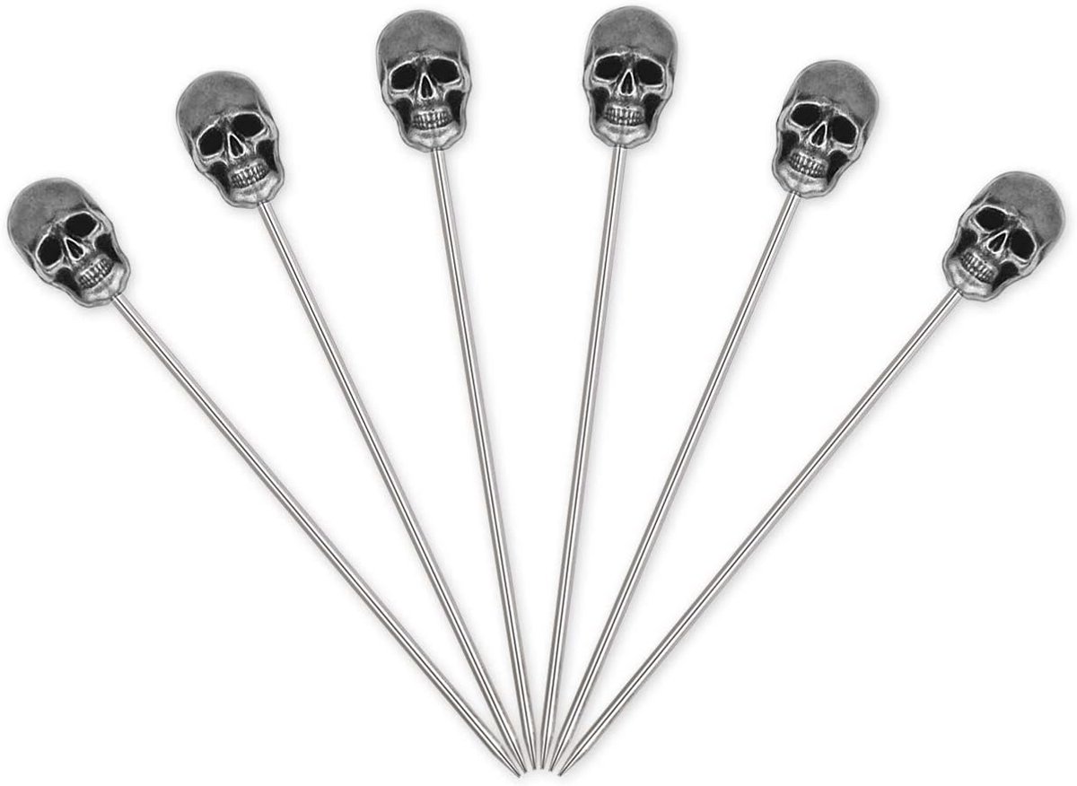Set van 6 Herbruikbare Cocktailplectrums van Roestvrij Staal met Doodshoofd Ontwerp
