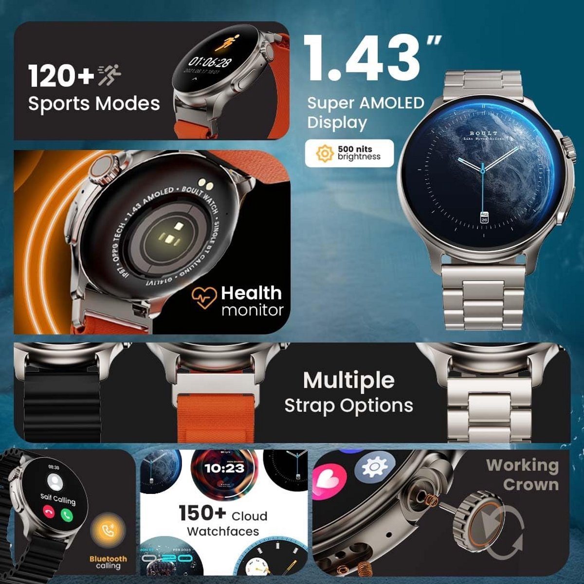 Smartwatch met 1.43 Inch HD AMOLED Scherm, Bluetooth Bellen en AI Spraakassistent