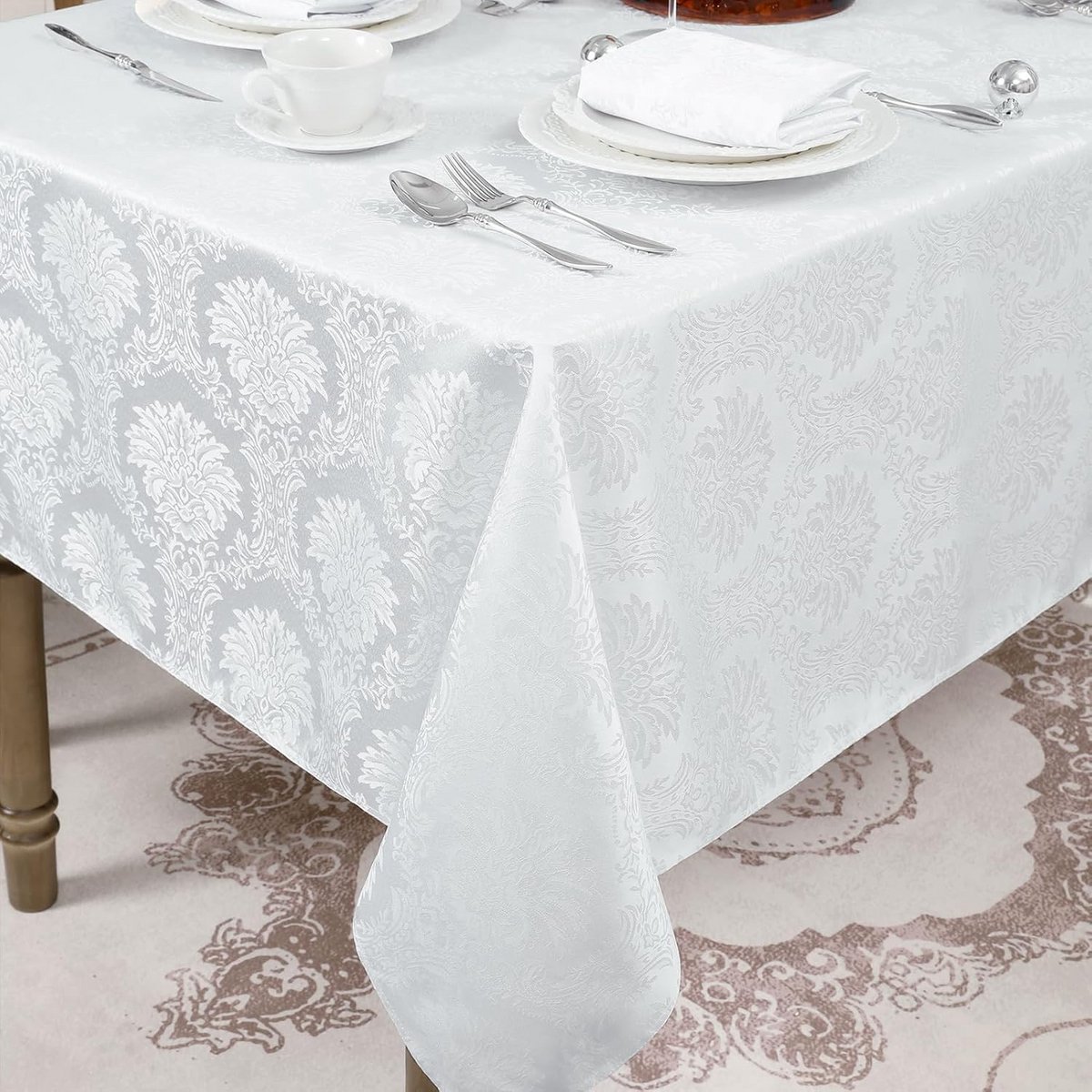 Extra Groot Wit Jacquard Tafelkleed Romeinse Stijl voor Kerst en Feesten 150x300 cm