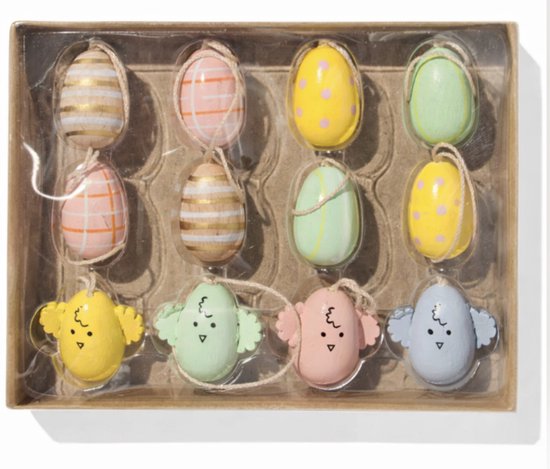 Paashangers - Hout - Ei - Paasei - 12 stuks - Vrolijke kleurtjes - Paasversiering - Paasboom - Pasen