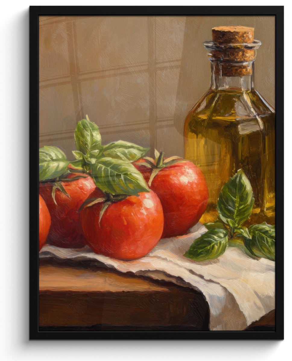 FrameYourWall Poster in lijst - Fotolijst 50x70 cm - Posters - Tomaten - Olijfolie - Stilleven - Posterlijst zwart - Decoratie - Wanddecoratie woonkamer - Muurdecoratie slaapkamer Tomaten - Stilleven