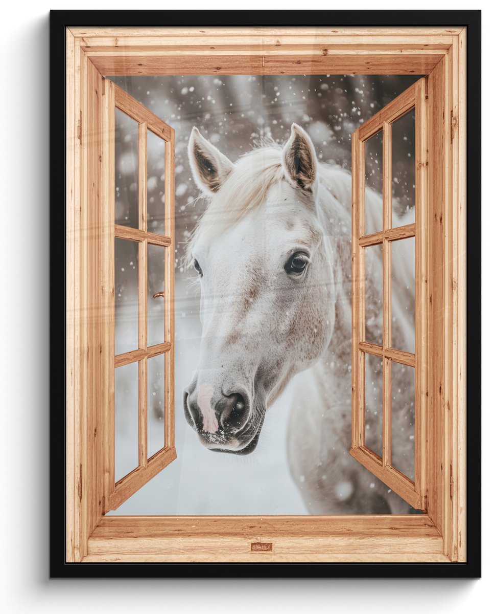 FrameYourWall Poster in lijst - Fotolijst 50x70 cm - Posters - Doorkijk - Paard - Wit - Winter - Sneeuw - Dieren - Posterlijst zwart - Decoratie - Wanddecoratie woonkamer - Muurdecoratie slaapkamer