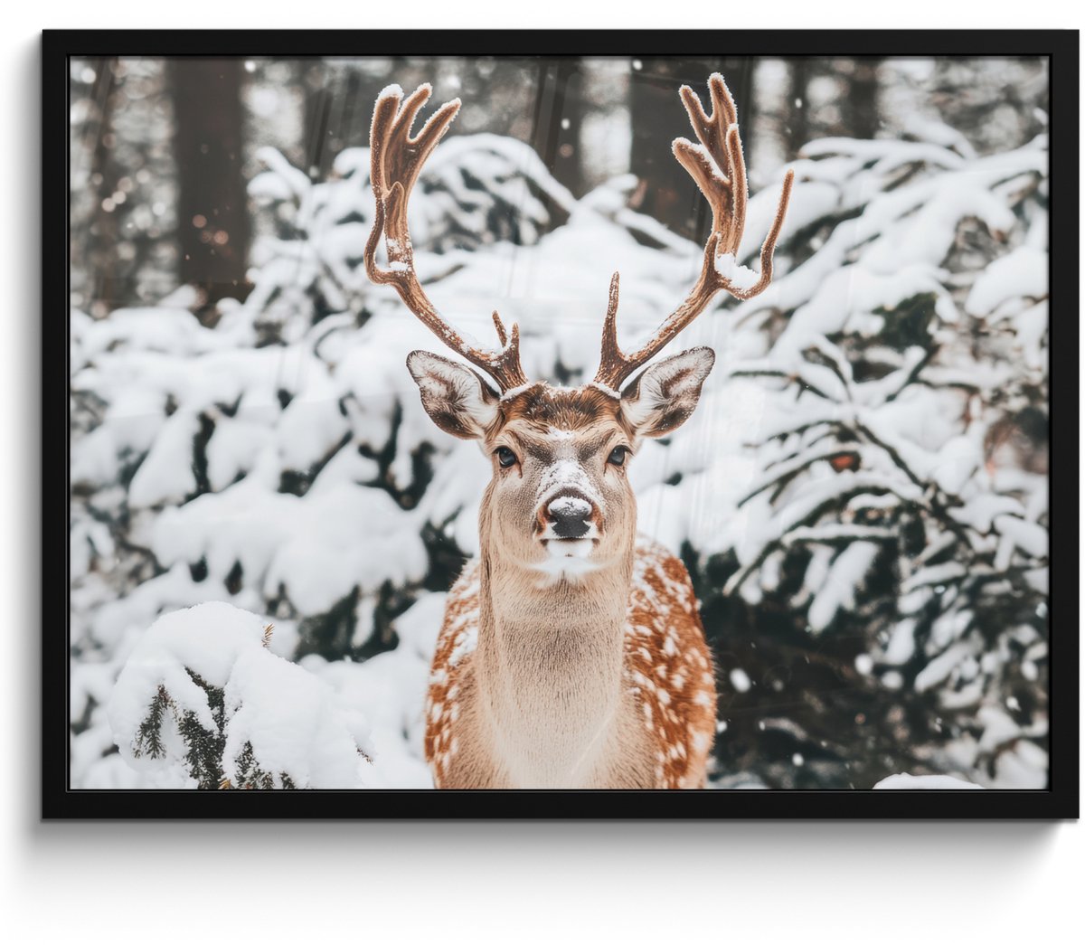 FrameYourWall Poster in lijst - Fotolijst 70x50 cm - Posters - Hert - Sneeuw - Winter - Bos - Dieren - Posterlijst zwart - Decoratie - Wanddecoratie woonkamer - Muurdecoratie slaapkamer