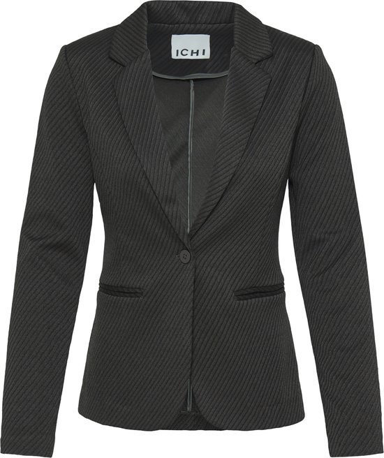 Donkergrijze ICHI blazer met diagonaal twillpatroon, reverskraag, twee zakken en één knoop.