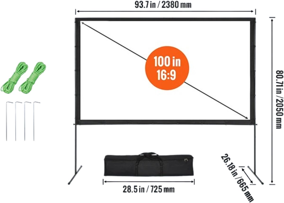 Kelseek projectiescherm - Beamerscherm - Projectiedoek - 100 Inch - 2.38 x 2.05 M - Oprolbaar - Met standaard - Statief - 16:9