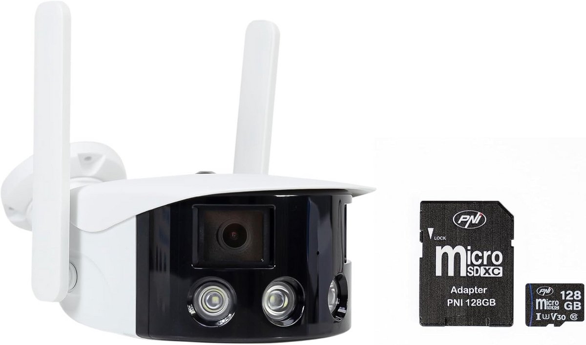 Draadloze IP Beveiligingscamera Set met Dubbele Lens 4MP Panoramisch Zicht en 128GB MicroSD Kaart