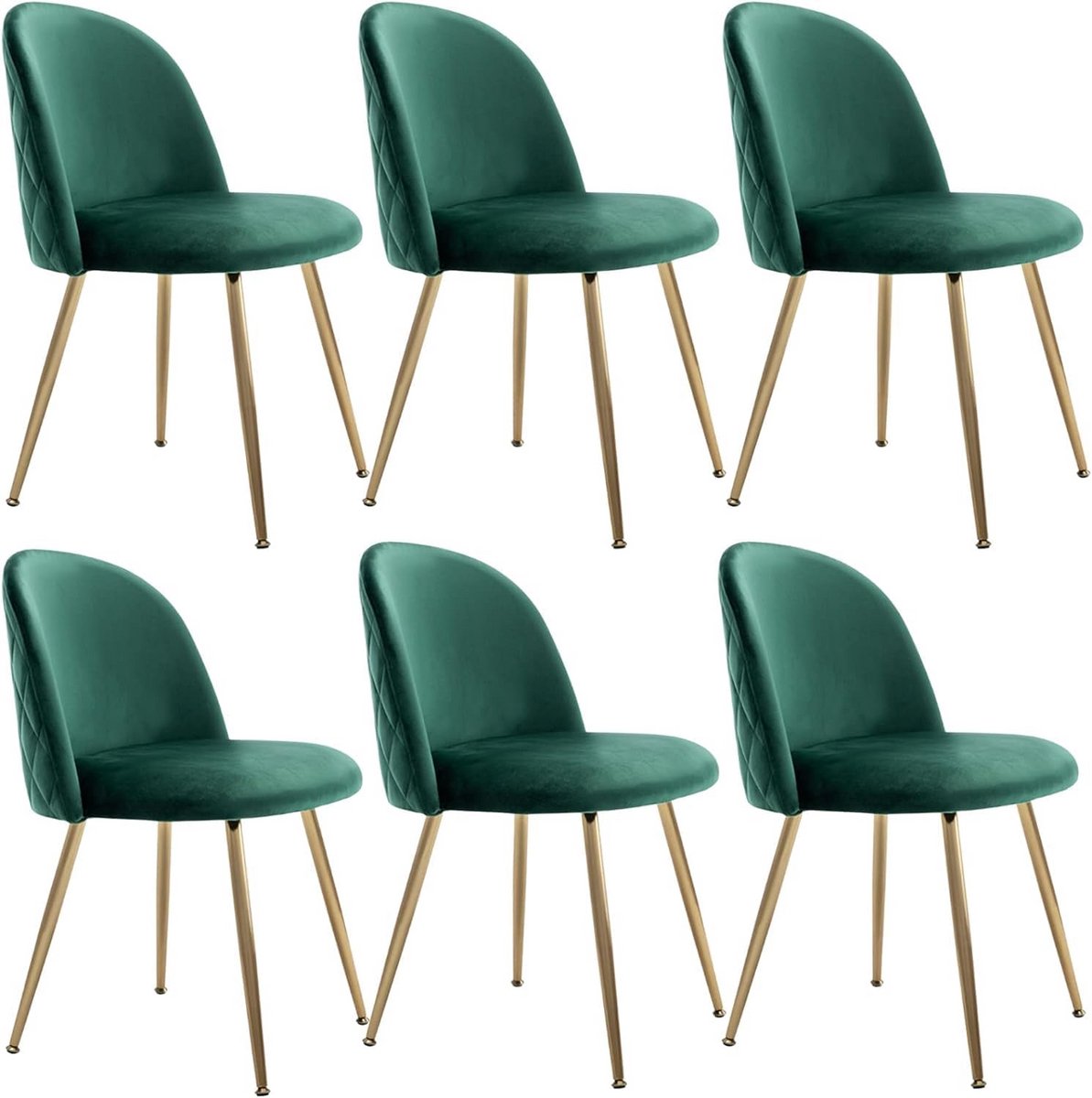 Set van 6 fluwelen eetkamerstoelen met hoge rugleuning en goudkleurige metalen poten