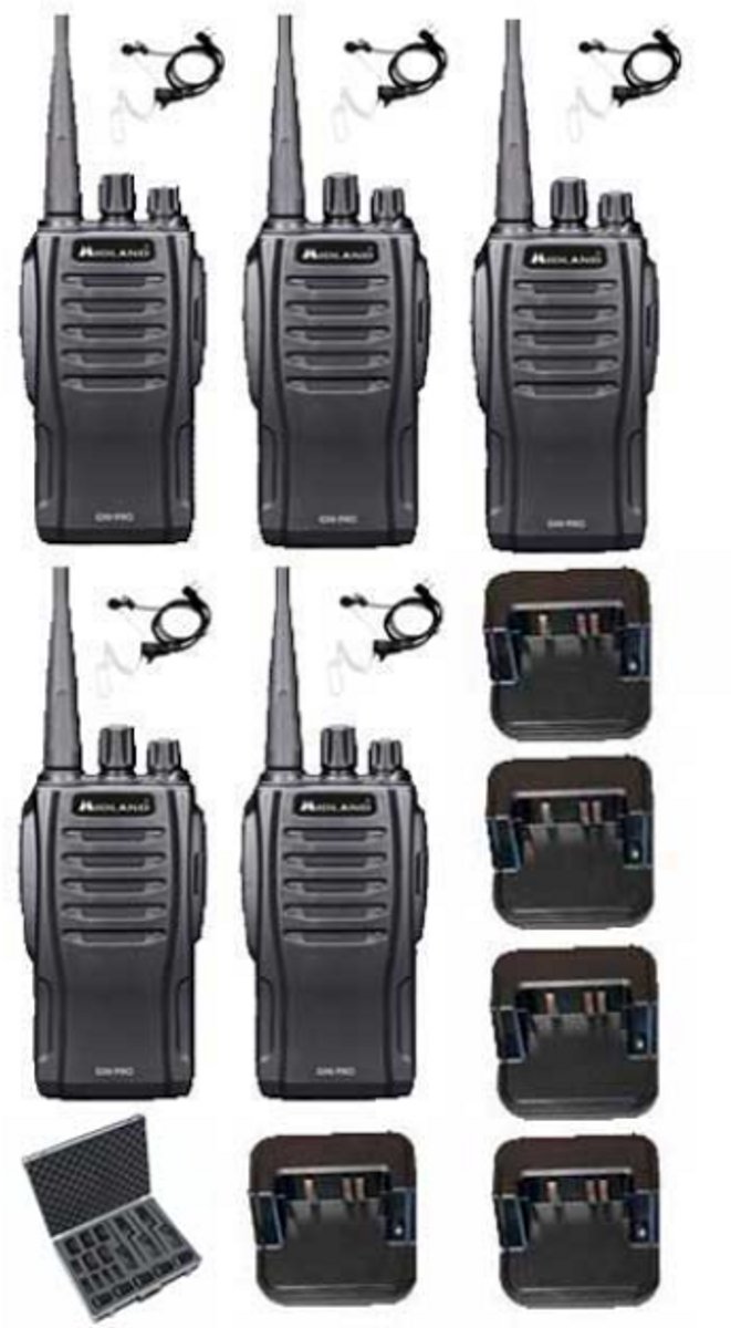 Set van 5 Midland G10 Pro Portofoon met tafellader, koffer en beveiliging oortje