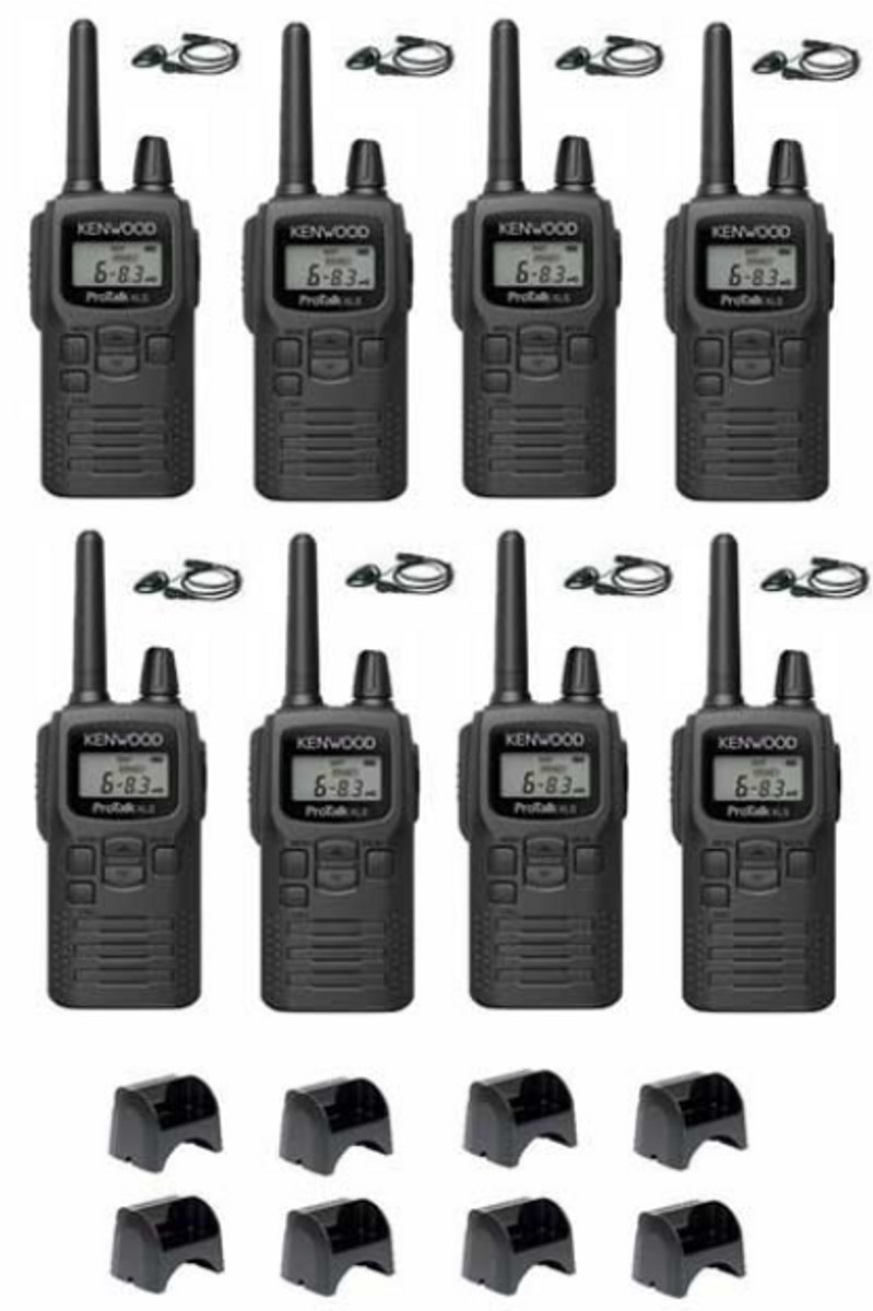 Set van 8 Kenwood PKT-300 ProTalk XLS IP52 PMR446 mini portofoons en D-shape oortje