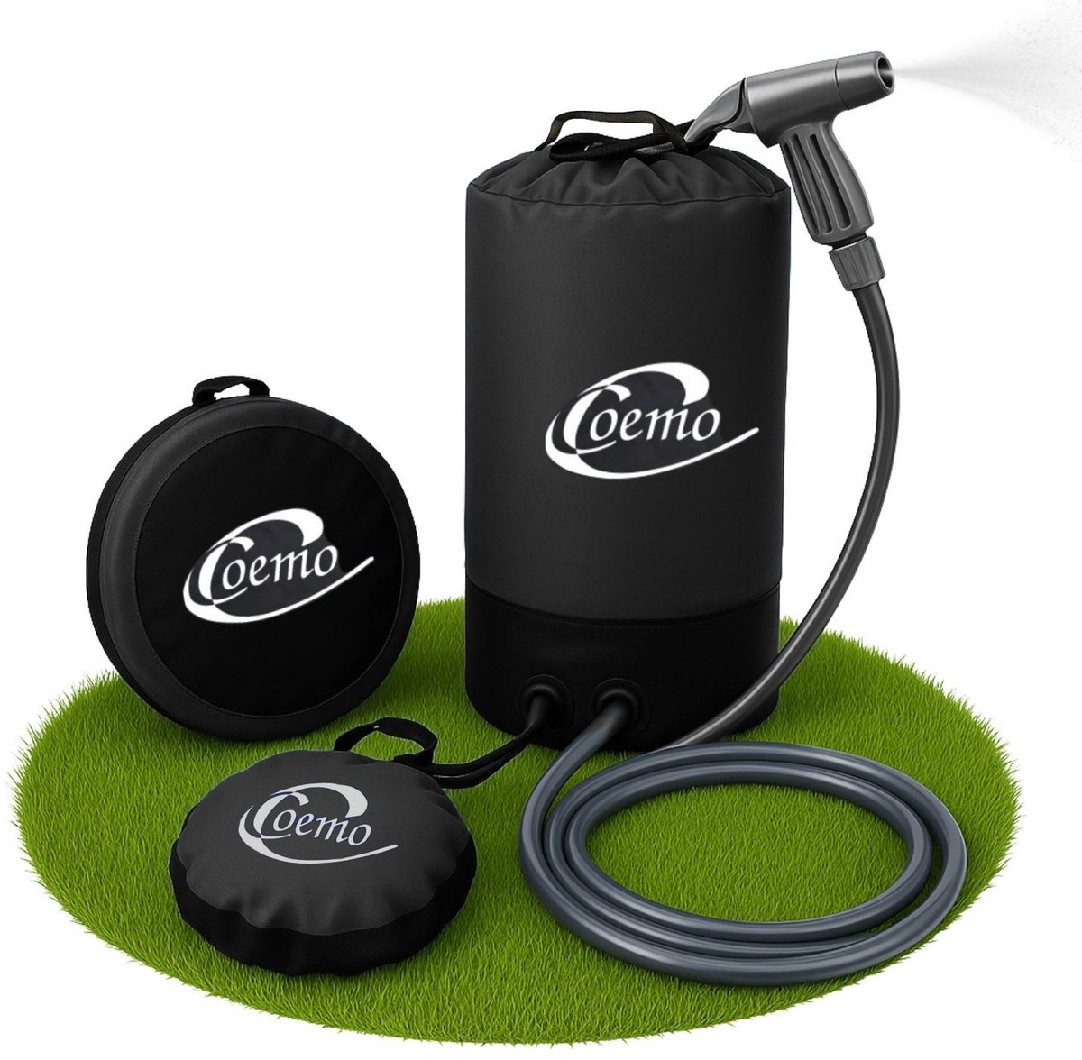Campingdouche met voetpomp, swart, draagbare tuindouche, slang met douchekop, eenvoudige drukopbouw via pomp, zonnedouche, duurzaam en waterdicht PVC