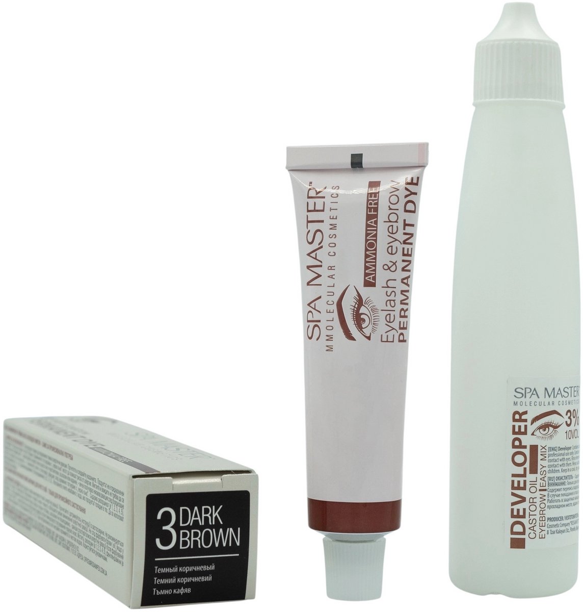 Spa Master Eyelash & Eyebrow Permanent Dye Dark Brown + Developer 3% – Wenkbrauw & Wimper Verf Set Donkerbruin – Professioneel & Ammoniakvrij – Inclusief Castor Olie – 20ml + 60ml