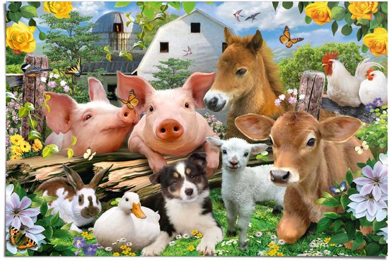 Une affiche représentant un groupe d'animaux de ferme, dont des cochons, un poney, un veau, un agneau, un chien, un canard et un lapin, dans un environnement ensoleillé avec des fleurs et une grange.