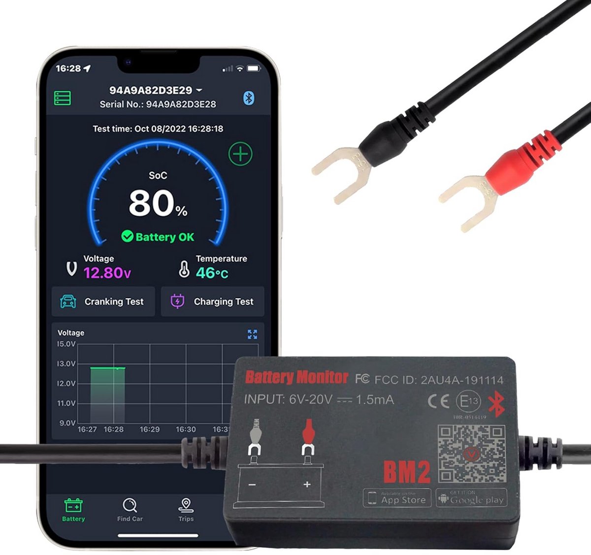 Draadloze Bluetooth Batterij Monitor en Tester voor 12V Systemen
