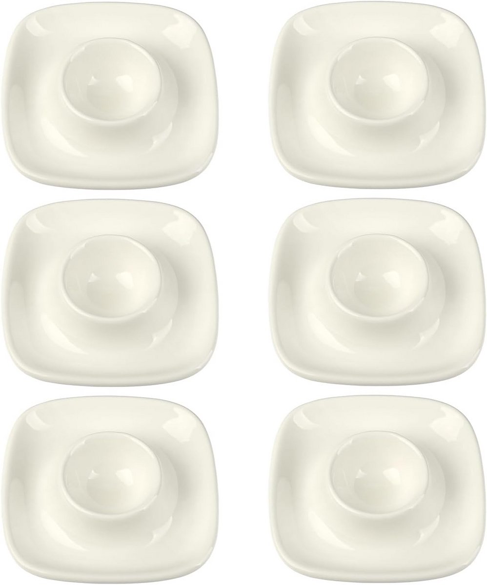 6 eierdopjes porselein wit zwart vierkant 9.5 cm met dienblad