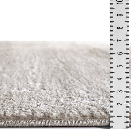 Gros plan d'un tapis gris clair à la texture douce et moelleuse, à côté d'une règle indiquant 10 cm.
