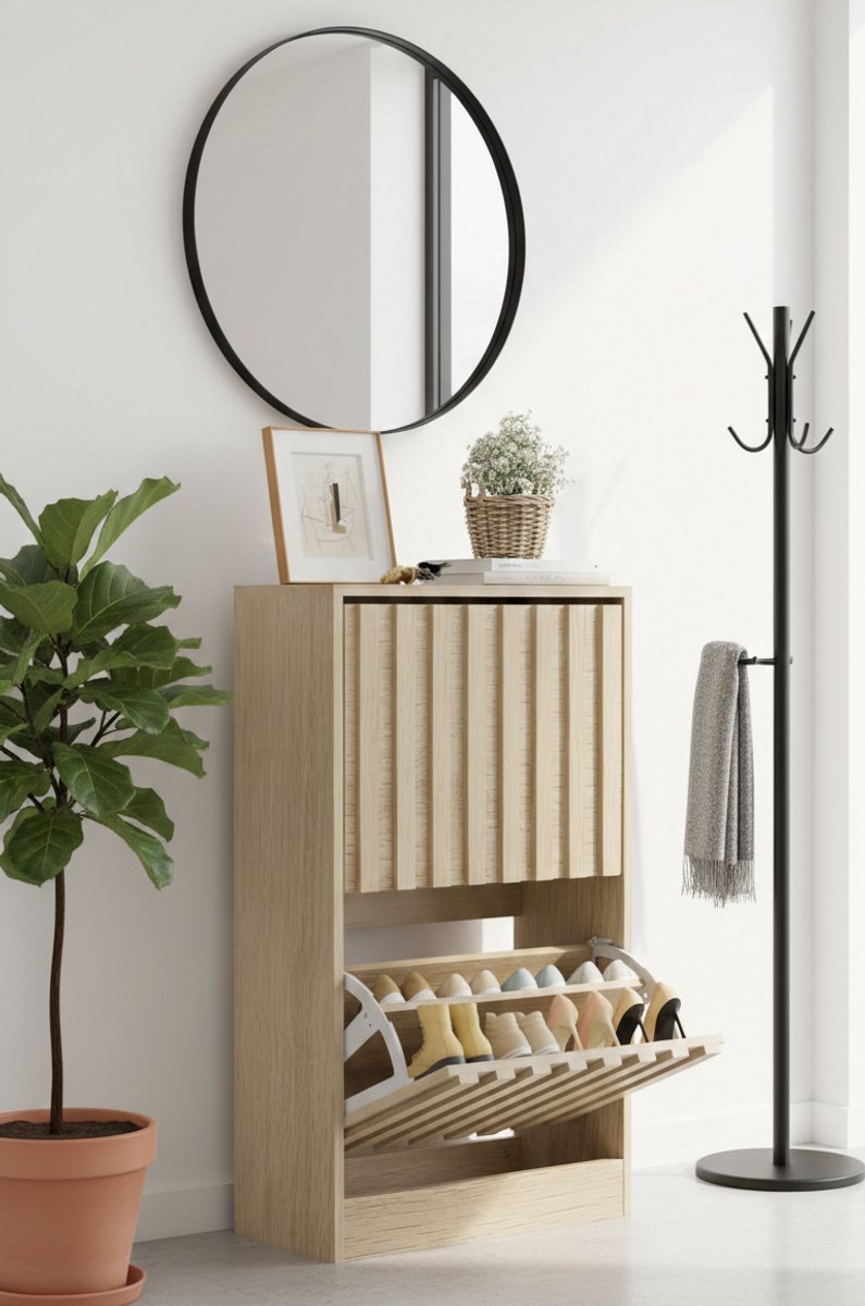 Modena Slimme Schoenenkast met 2 Kleppen – Smalle Hal Schoenenopberger met Kantelbeveiliging, Verstelbare Vakken & Modern Houtdesign – 24 x 52 x 86,5 cm