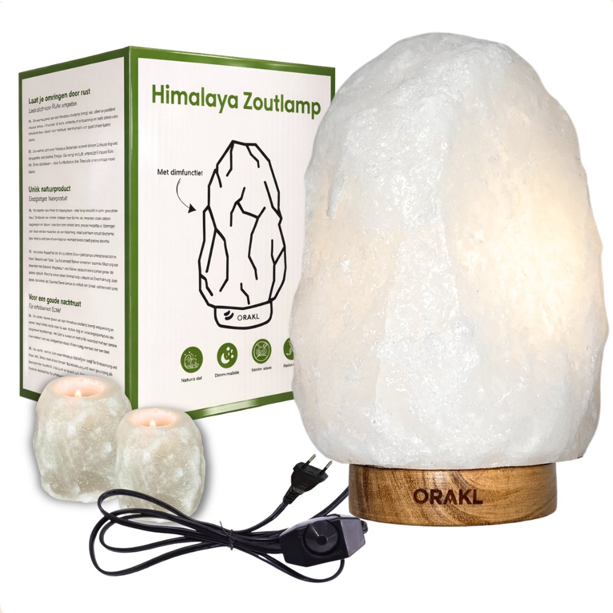 Orakl Dimbare Himalaya Zoutlamp Bliss – 2-4 KG – Nachtlamp -Tafellamp - Zoutlamp Incl. 2 Theelichthouders Wit