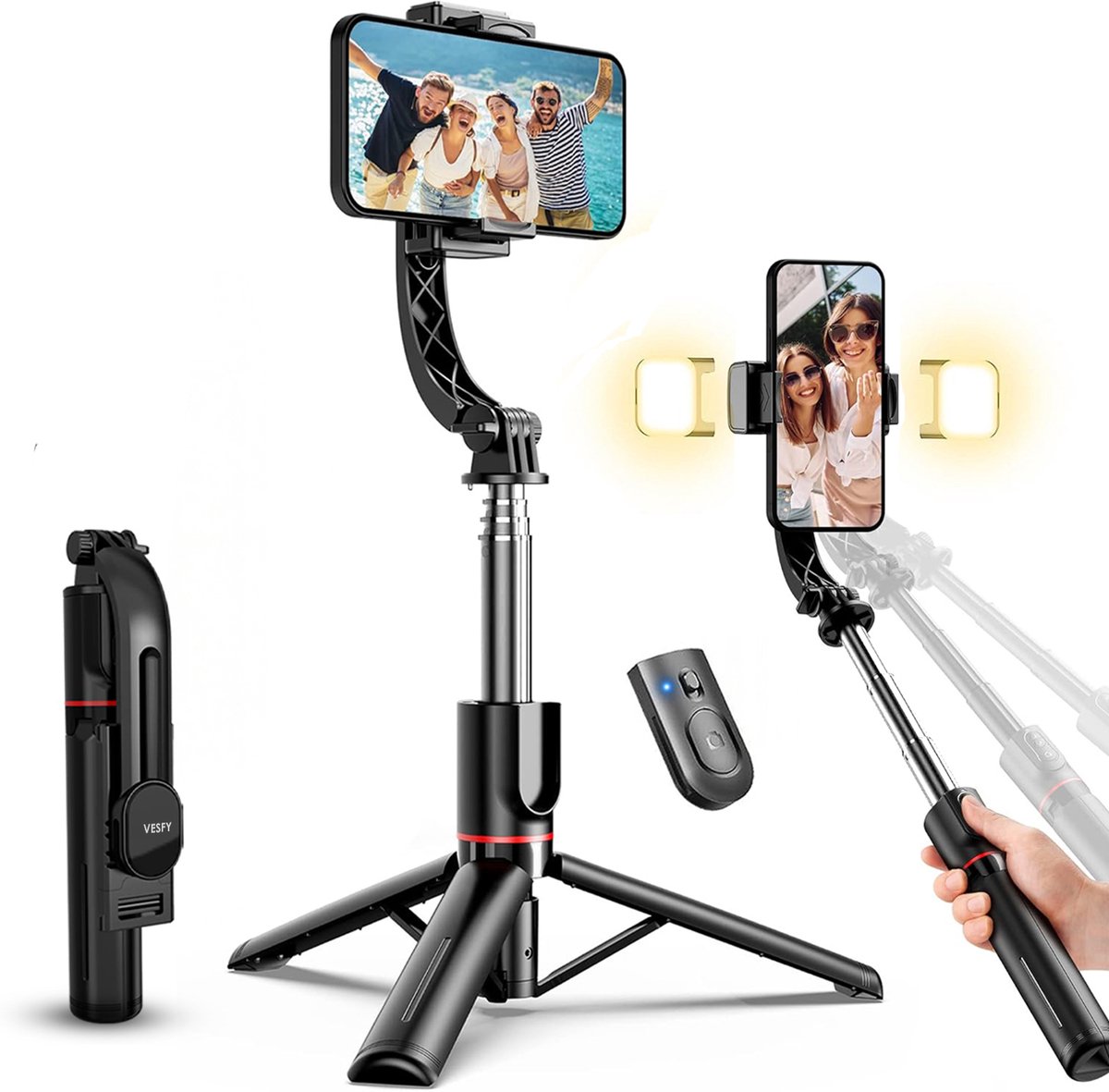 Vesfy 3-in-1 Tripod & Selfie Stick met LED Verlichting - 114 cm Uitschuifbaar - Bluetooth Afstandsbediening - Voor iPhone & Android - Statief Telefoon