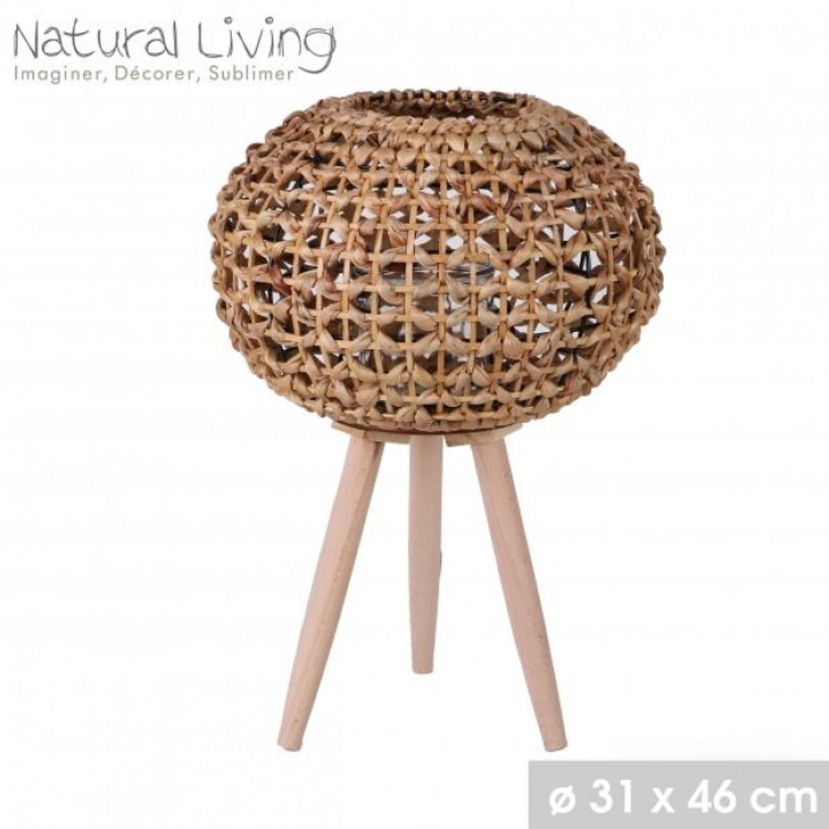 "NATURAL LIVING" LANTAARN EKLA IN ROTAN MET HOUTEN VOET D31CM x H46CM