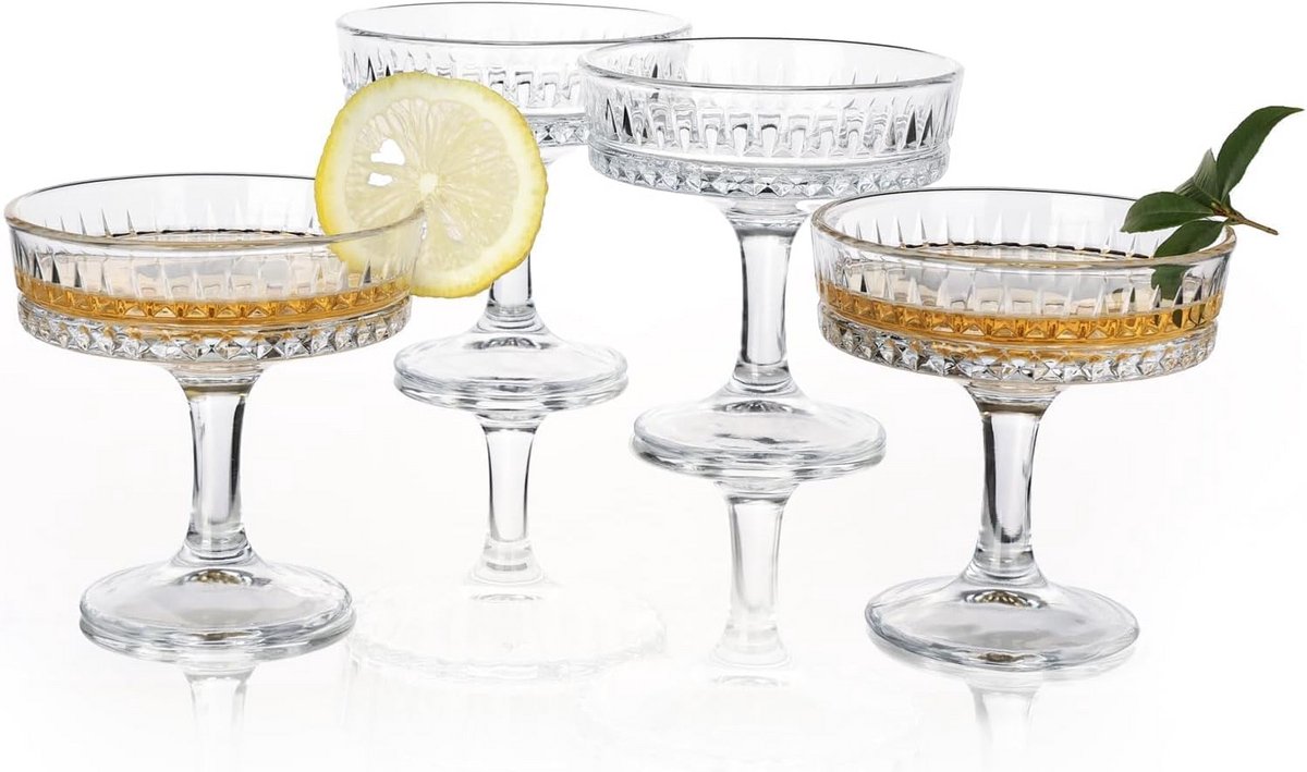 Set van 4 geribbelde coupéglazen 20 cl - vintage glazen voor martini en cocktails