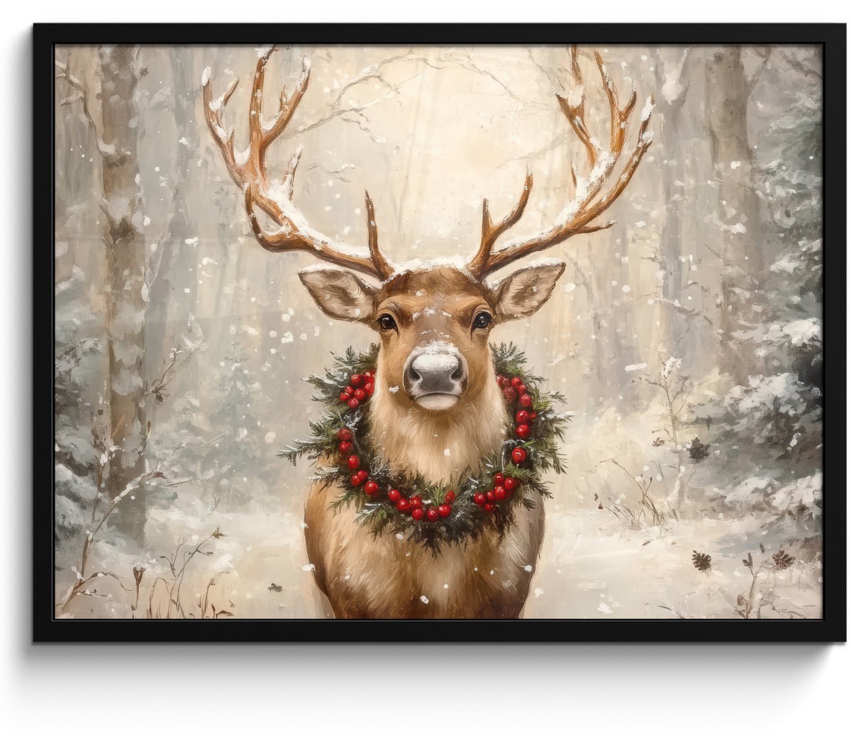 FrameYourWall Poster in lijst - Fotolijst 70x50 cm - Posters - Kerst - Rendier - Winter - Krans - Posterlijst zwart - Decoratie - Wanddecoratie woonkamer - Muurdecoratie slaapkamer - Kerstversiering - Kerstdecoratie voor binnen - Kerstmis Hert - Sneeuw