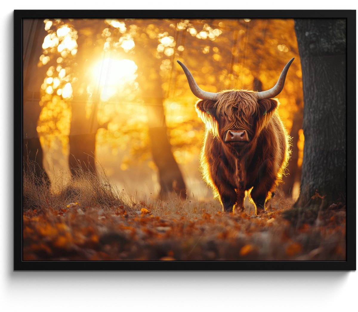 FrameYourWall Poster in lijst - Fotolijst 70x50 cm - Posters - Schotse hooglander - Bos - Herfst - Dieren - Natuur - Bladeren - Posterlijst zwart - Decoratie - Wanddecoratie woonkamer - Muurdecoratie slaapkamer