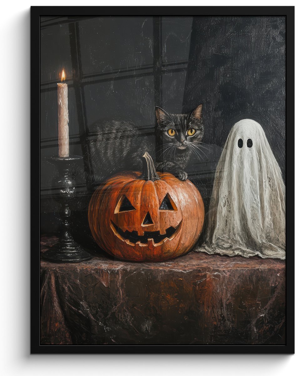 FrameYourWall Poster in lijst - Fotolijst 50x70 cm - Posters - Halloween - Pompoen - Spook - Zwarte kat - Stilleven - Posterlijst zwart - Decoratie - Wanddecoratie woonkamer - Muurdecoratie slaapkamer Halloween - Spookje en pompoen