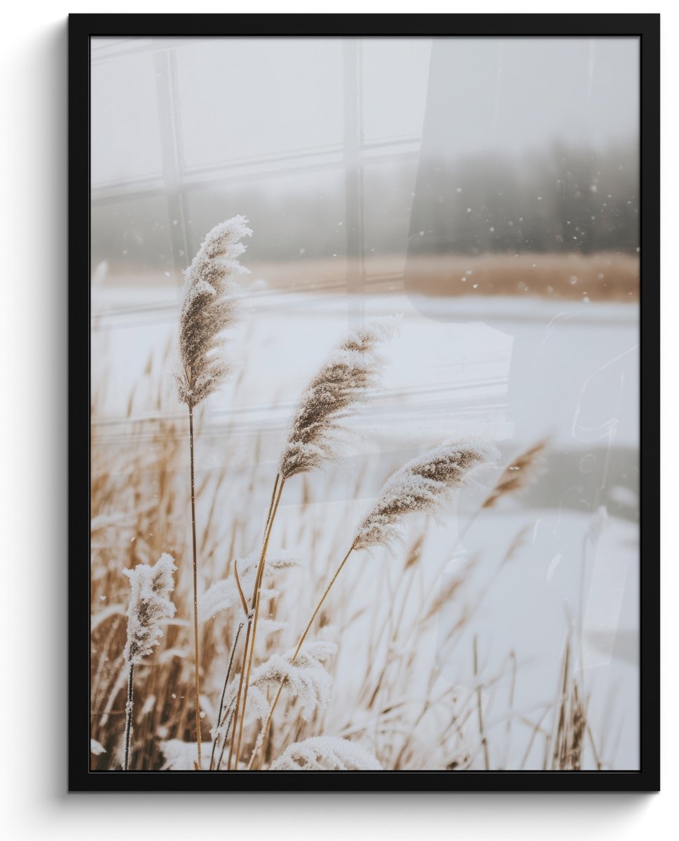 FrameYourWall Poster in lijst - Fotolijst 50x70 cm - Posters - Riet - Meer - Winter - Natuur - Sneeuw - Beige - Posterlijst zwart - Decoratie - Wanddecoratie woonkamer - Muurdecoratie slaapkamer