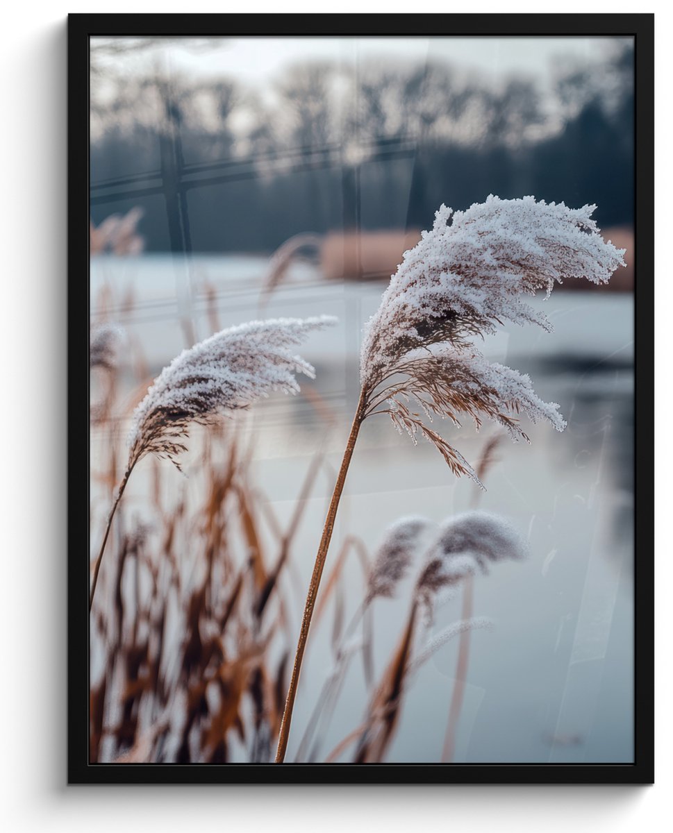 FrameYourWall Poster in lijst - Fotolijst 50x70 cm - Posters - Riet - Gras - Natuur - Winter - Meer - Posterlijst zwart - Decoratie - Wanddecoratie woonkamer - Muurdecoratie slaapkamer