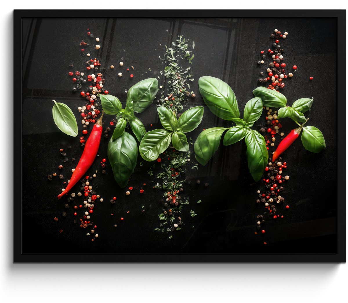 FrameYourWall Poster in lijst - Fotolijst 70x50 cm - Posters - Chilipepers - Basilicum - Blaadjes - Rood - Posterlijst zwart - Decoratie - Wanddecoratie woonkamer - Muurdecoratie slaapkamer Chilipepers - Blaadjes