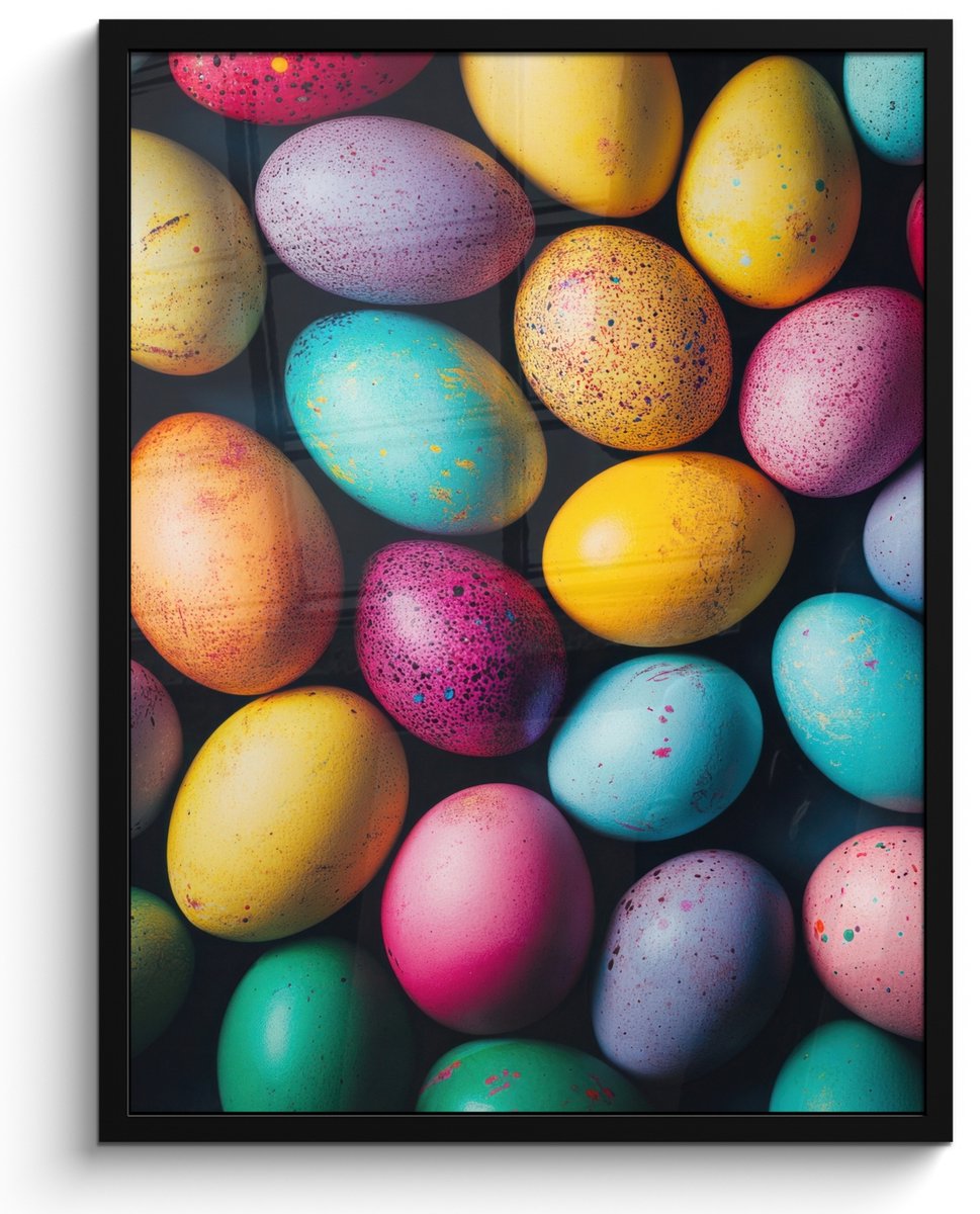 FrameYourWall Poster in lijst - Fotolijst 50x70 cm - Posters - Kleurrijk - Paaseitjes - Spetters - Posterlijst zwart - Decoratie - Wanddecoratie woonkamer - Muurdecoratie slaapkamer Paaseieren