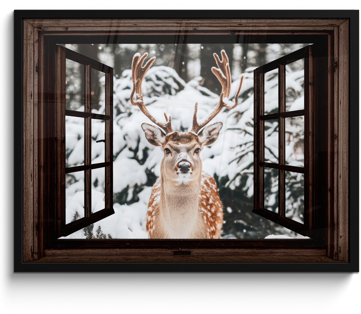 FrameYourWall Poster in lijst - Fotolijst 70x50 cm - Posters - Hert - Sneeuw - Winter - Bos - Dieren - Doorkijk - Posterlijst zwart - Decoratie - Wanddecoratie woonkamer - Muurdecoratie slaapkamer