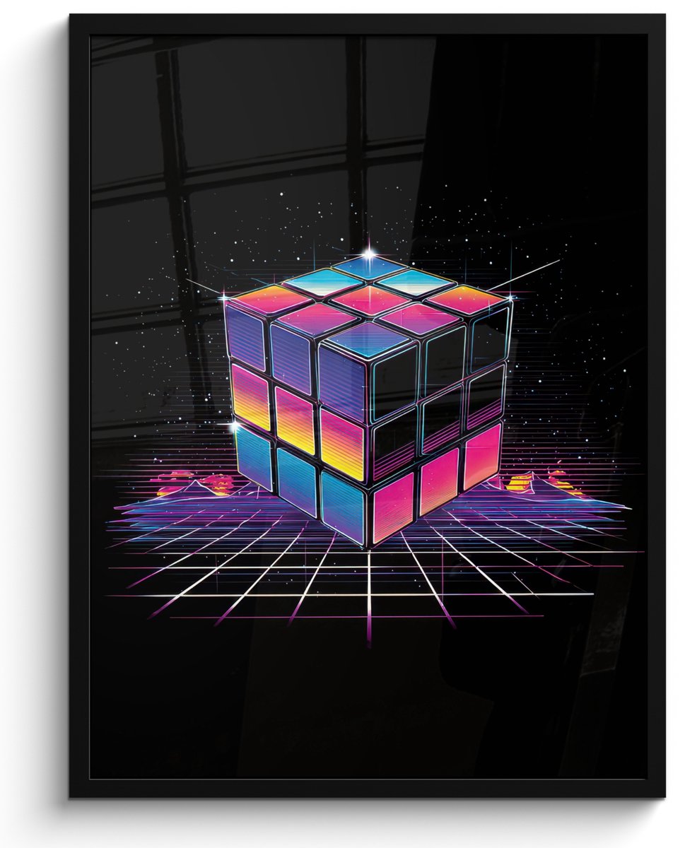 FrameYourWall Poster in lijst - Fotolijst 50x70 cm - Posters - Kubus - Kleurrijk - Raster - Posterlijst zwart - Decoratie - Wanddecoratie woonkamer - Muurdecoratie slaapkamer