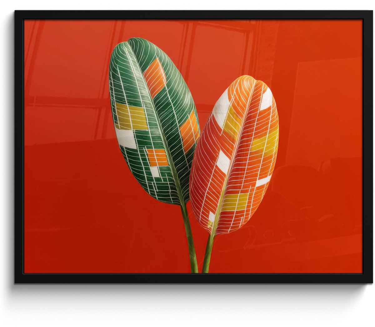 FrameYourWall Poster in lijst - Fotolijst 70x50 cm - Posters - Bladeren - Ovaal - Mozaïek - Patroon - Posterlijst zwart - Decoratie - Wanddecoratie woonkamer - Muurdecoratie slaapkamer