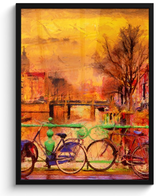 Poster in lijst - Fotolijst 50x70 cm - Posters - Schilderij - Fiets - Amsterdam - Gracht - Olieverf - Posterlijst zwart - Decoratie - Wanddecoratie woonkamer - Muurdecoratie slaapkamer