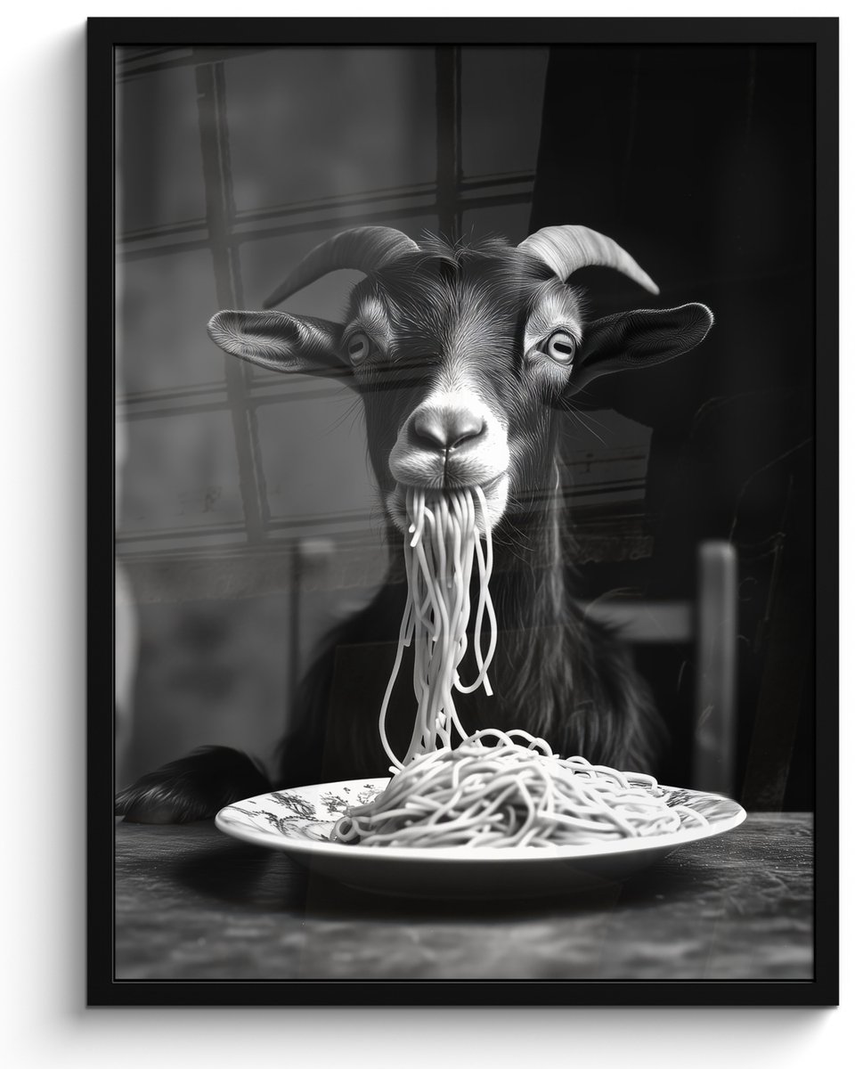 FrameYourWall Fotolijst incl. Poster Zwart Wit- Geit - Bord - Spaghetti - Zwart Wit - 50x70 cm - Posterlijst