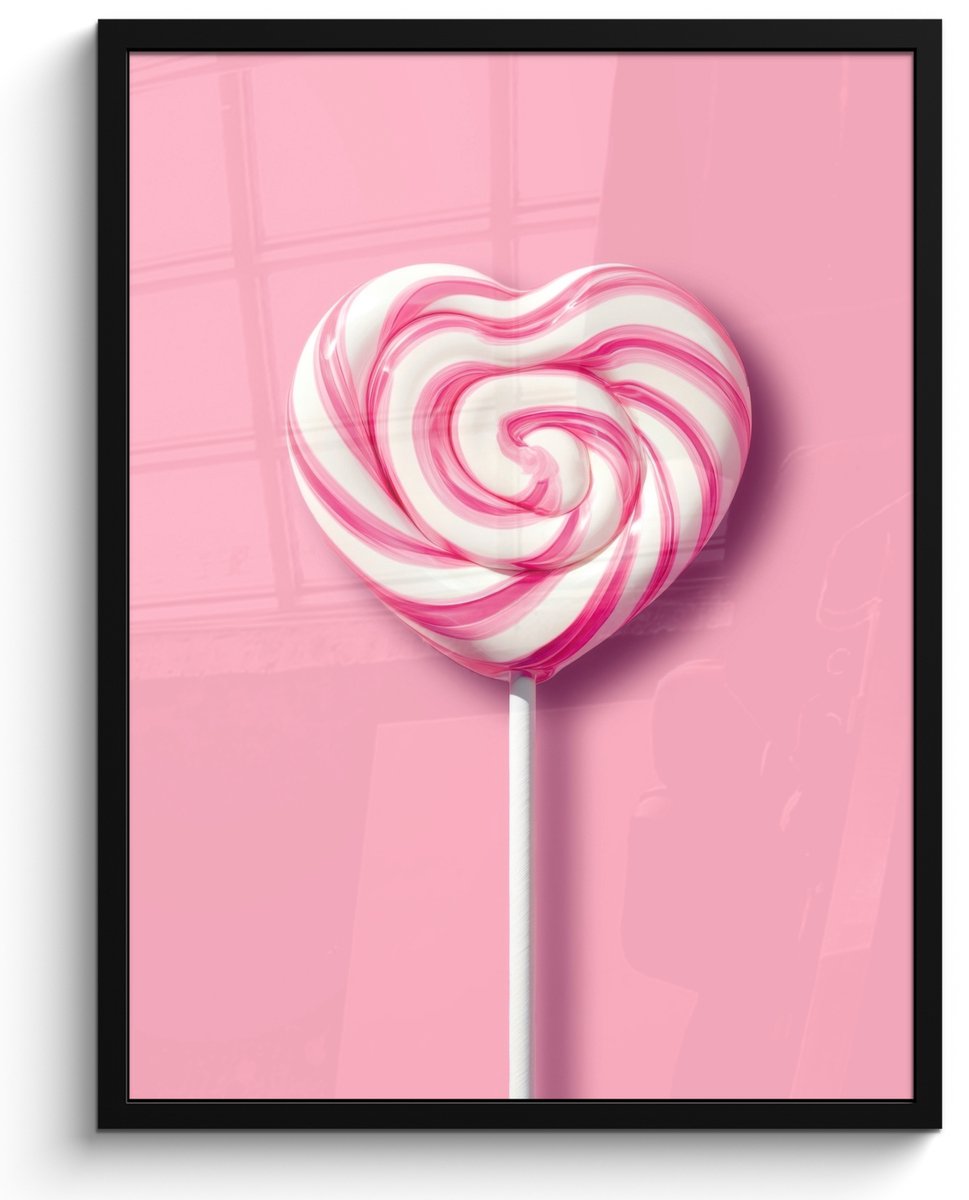 FrameYourWall Poster in lijst - Fotolijst 50x70 cm - Posters - Snoep - Lolly - Hart- Roze - Posterlijst zwart - Decoratie - Wanddecoratie woonkamer - Muurdecoratie slaapkamer