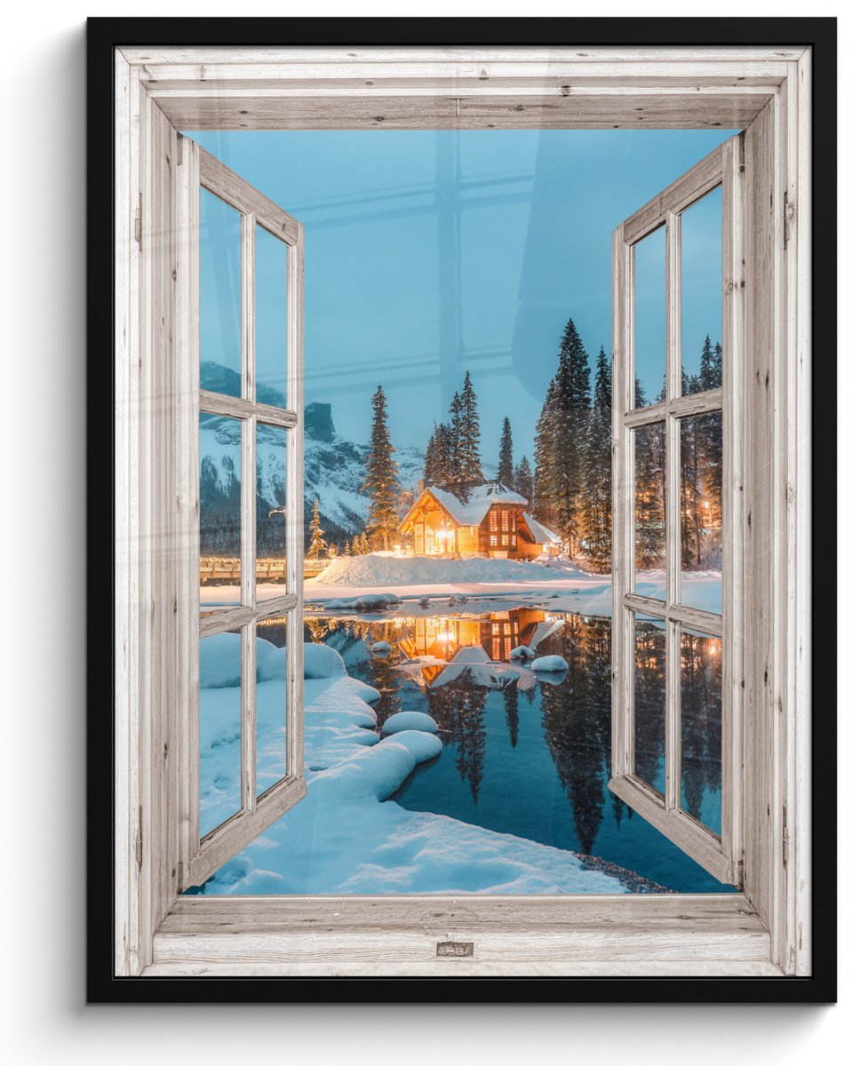 FrameYourWall Poster in lijst - Fotolijst 50x70 cm - Posters - Doorkijk - Winterlandschap - Natuur - Huis - Bergen - Posterlijst zwart - Decoratie - Wanddecoratie woonkamer - Muurdecoratie slaapkamer Bergmeer