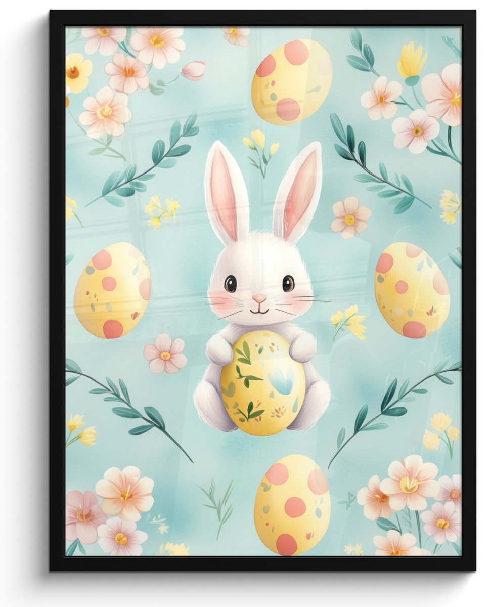 FrameYourWall Poster in lijst - Fotolijst 50x70 cm - Posters - Konijn - Eieren - Takjes - Posterlijst zwart - Decoratie - Wanddecoratie woonkamer - Muurdecoratie slaapkamer Pasen