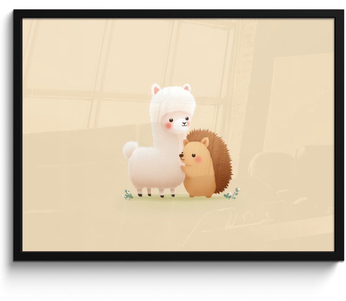 FrameYourWall Poster in lijst - Fotolijst 70x50 cm - Posters - Alpaca - Egel - Bruin - Knuffelen - Posterlijst zwart - Decoratie - Wanddecoratie woonkamer - Muurdecoratie slaapkamer