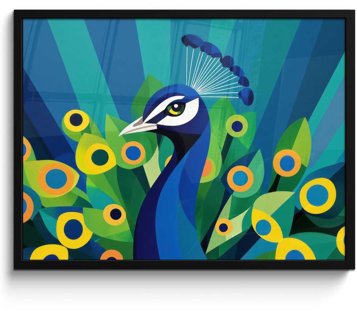 FrameYourWall Poster in lijst - Fotolijst 70x50 cm - Posters - Pauw - Cirkels - Blauw - Posterlijst zwart - Decoratie - Wanddecoratie woonkamer - Muurdecoratie slaapkamer Pauw - Veren