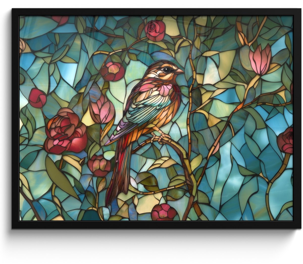 FrameYourWall Poster in lijst - Fotolijst 70x50 cm - Posters - Vogel - Tak - Rozen - Mozaïek - Posterlijst zwart - Decoratie - Wanddecoratie woonkamer - Muurdecoratie slaapkamer Vogel - Tak - Mozaïek