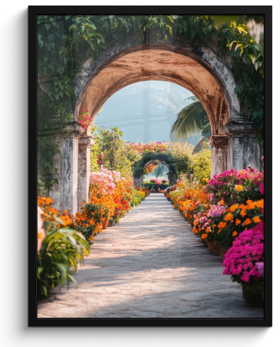 FrameYourWall Poster in lijst - Fotolijst 50x70 cm - Posters - Doorkijk - Bloemen - Tropisch - Kleurrijk - Posterlijst zwart - Decoratie - Wanddecoratie woonkamer - Muurdecoratie slaapkamer Boog - Tropische bloemen