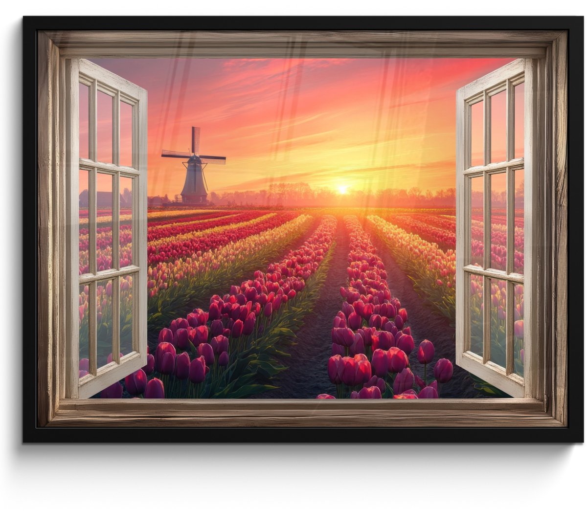 FrameYourWall Poster in lijst - Fotolijst 70x50 cm - Posters - Doorkijk - Tulpen - Zonsondergang - Bloemen - Kleurrijk - Posterlijst zwart - Decoratie - Wanddecoratie woonkamer - Muurdecoratie slaapkamer