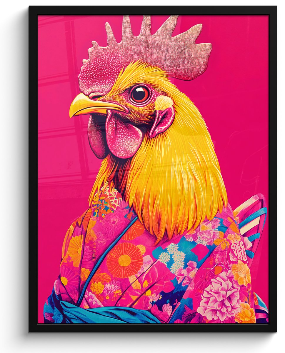 FrameYourWall Poster in lijst - Fotolijst 50x70 cm - Posters - Haan - Kleurrijk - Kimono - Roze - Posterlijst zwart - Decoratie - Wanddecoratie woonkamer - Muurdecoratie slaapkamer