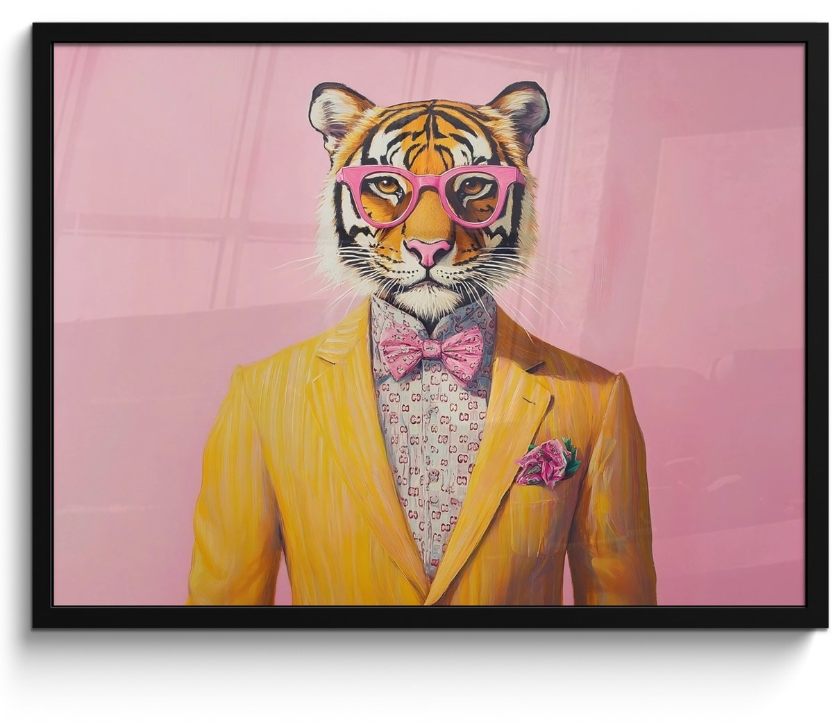 FrameYourWall Poster in lijst - Fotolijst 70x50 cm - Posters - Tijger - Bril - Geel - Jasje - Posterlijst zwart - Decoratie - Wanddecoratie woonkamer - Muurdecoratie slaapkamer